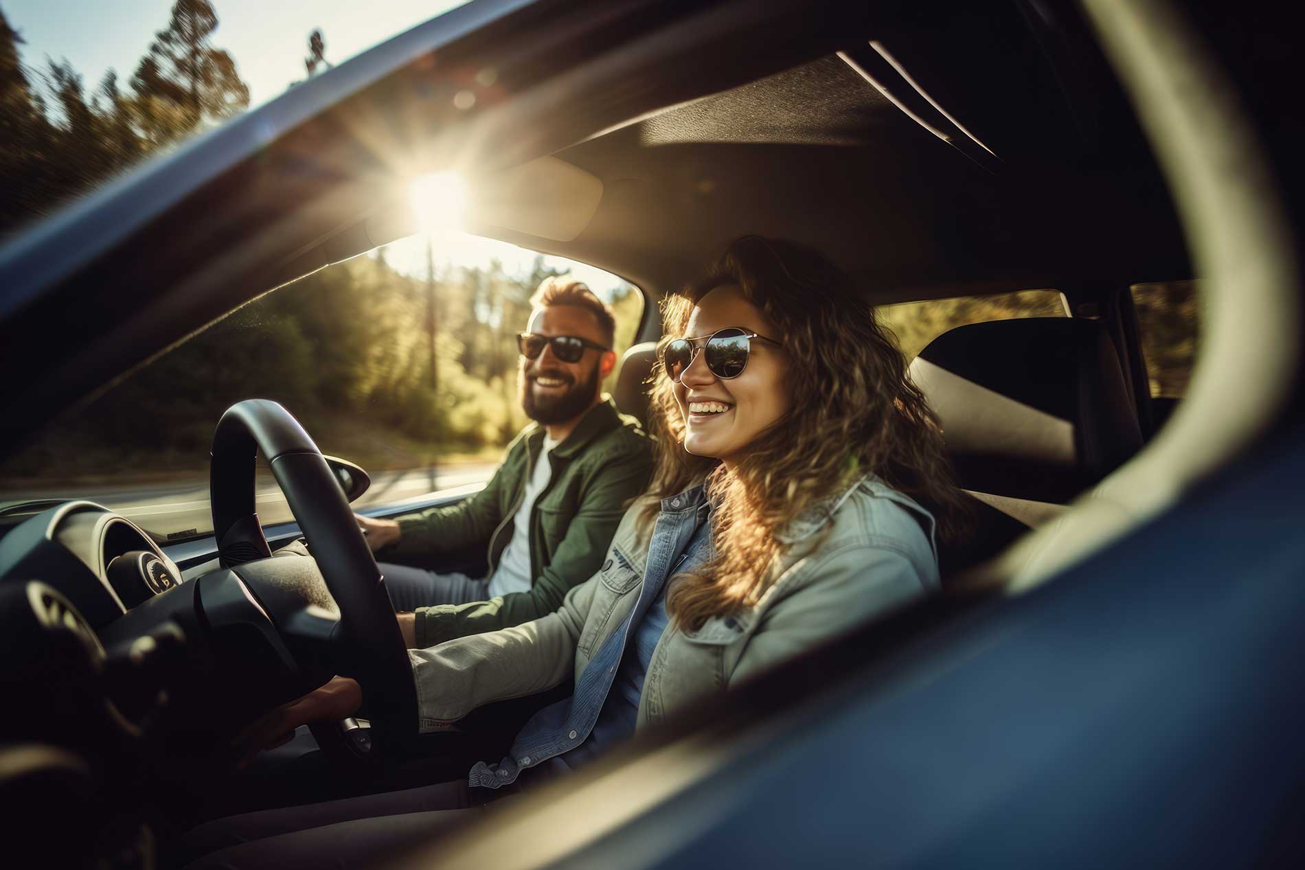 two people driving in a car together on the highway